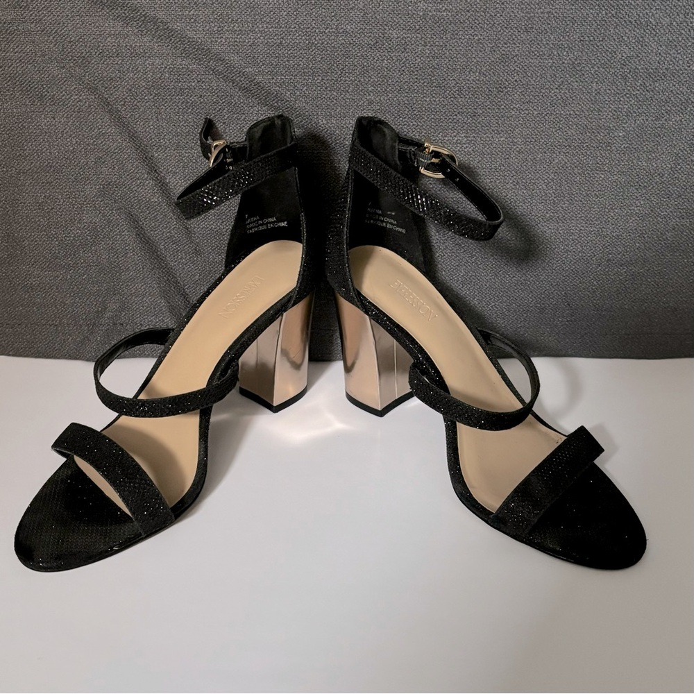 Expression Block Heel Sandals Ankle Straps Sparkling Black Size 7